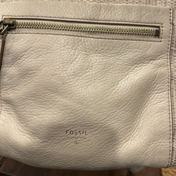 Fossil Leather Fabric Tan and Cream Crossbody Bag Zipped Pockets - Picture 3 of 16